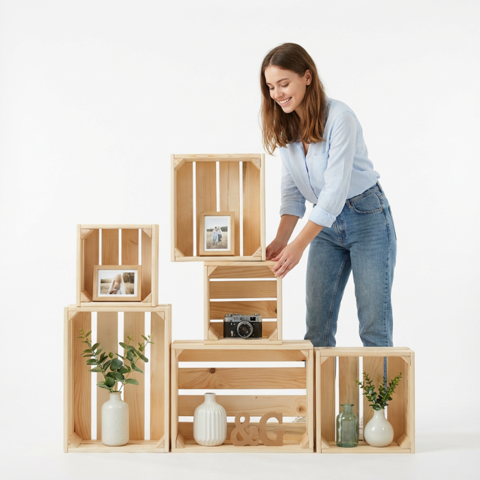 Декоративни дървени щайги 6 в 1 - Натурални