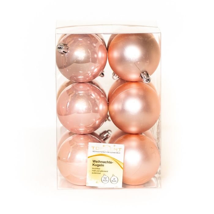Комплект 12бр. коледни топки за декорация гланц/мат, диаметър 6см, розов