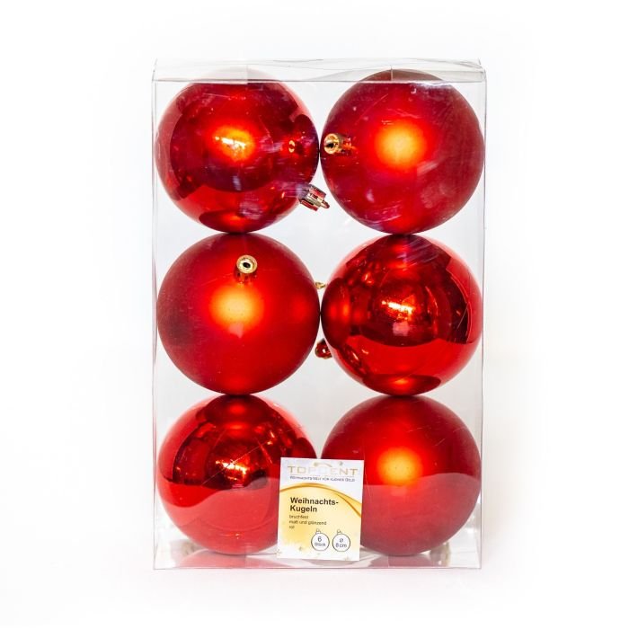 Комплект 6бр. коледни топки за декорация гланц/мат, диаметър 8см, червен